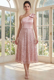 Blush à paillettes à une épaule scintillante Une robe Midi Line avec nœud