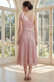 Blush à paillettes à une épaule scintillante Une robe Midi Line avec nœud