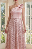 Blush à paillettes à une épaule scintillante Une robe Midi Line avec nœud