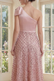 Blush à paillettes à une épaule scintillante Une robe Midi Line avec nœud