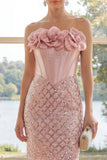 Mini robe bodycon corset scintillante sans bretelles avec fleur 3D