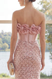 Mini robe bodycon corset scintillante sans bretelles avec fleur 3D