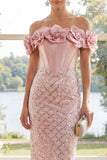 Robe Maxi bodycon corset à épaules décalées avec fleurs 3D