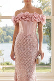 Robe Maxi corset sirène, paillettes à fard à joues décalés, avec fleurs 3D