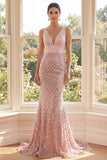 Robe Maxi Sirène à paillettes, col en V à paillettes et à Blush scintillant