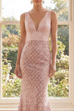 Robe Maxi Sirène à paillettes, col en V à paillettes et à Blush scintillant