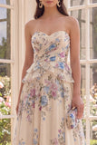 Robe Maxi à fleurs à la taille basque à l’abricot A Line avec volants