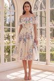 Robe midi fleurie A Window Abricot Épaule Décalée avec volants