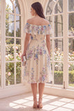 Robe midi fleurie A Window Abricot Épaule Décalée avec volants