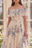 Robe midi fleurie A Window Abricot Épaule Décalée avec volants