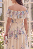Robe midi fleurie A Window Abricot Épaule Décalée avec volants