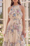 Robe midi de plage à volants à cheveux nus à fleurs, abricot A Line
