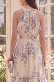 Robe midi de plage à volants à cheveux nus à fleurs, abricot A Line