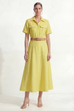 Robe de travail midi jaune jaune citron à col ligne A, manches courtes, avec ceinture