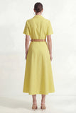 Robe de travail midi jaune jaune citron à col ligne A, manches courtes, avec ceinture