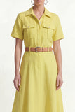 Robe de travail midi jaune jaune citron à col ligne A, manches courtes, avec ceinture
