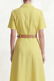 Robe de travail midi jaune jaune citron à col ligne A, manches courtes, avec ceinture