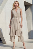 Costume féminin midi à encolure en V à col en V kaki avec ceinture