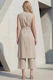 Costume féminin midi à encolure en V à col en V kaki avec ceinture