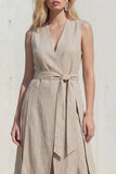 Costume féminin midi à encolure en V à col en V kaki avec ceinture