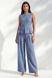 Costume long pour femmes à bandes bleu foncé à col rond ajusté