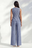 Costume long pour femmes à bandes bleu foncé à col rond ajusté