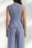 Costume long pour femmes à bandes bleu foncé à col rond ajusté