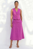 Robe de travail midi à col en V en fuchsia à simple boutonnage et coupe slim avec ceinture