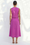 Robe de travail midi à col en V en fuchsia à simple boutonnage et coupe slim avec ceinture
