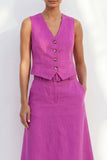 Robe de travail midi à col en V en fuchsia à simple boutonnage et coupe slim avec ceinture