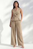 Costume féminin double boutonnage à boutonnage long et ajusté à revers kaki avec ceinture