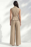 Costume féminin double boutonnage à boutonnage long et ajusté à revers kaki avec ceinture