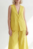 Costume femme jaune beurre à col en V à un bouton, manches midi