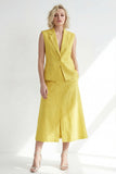 Robe de travail midi fine, taille à bouton, à revers cranté, jaune beurre et fente