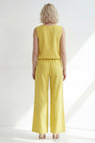 Costume long féminin à col en V jaune beurre ajusté avec ceinture
