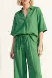 Costume long pour femmes à col vert, manches courtes, satin et ceinture