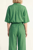 Costume long pour femmes à col vert, manches courtes, satin et ceinture