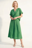 Robe de travail midi simple boutonné en satin à manches courtes verte à col en V