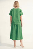 Robe de travail midi simple boutonné en satin à manches courtes verte à col en V