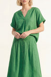Robe de travail midi simple boutonné en satin à manches courtes verte à col en V