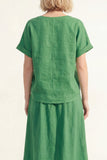 Robe de travail midi simple boutonné en satin à manches courtes verte à col en V