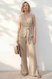 Costume femme long à col en V à col en V long avec ceinture
