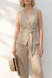 Costume femme long à col en V à col en V long avec ceinture
