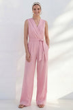 Costume longue féminine à col en V rose avec coupe ajustée