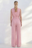 Costume longue féminine à col en V rose avec coupe ajustée