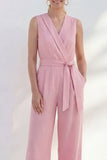 Costume longue féminine à col en V rose avec coupe ajustée