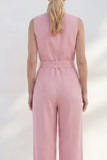 Costume longue féminine à col en V rose avec coupe ajustée