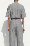 Costume féminin long à un seul poitrine gris à col rond avec ceinture