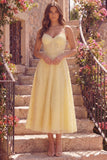Corset jaune ligne A, robe de bal midi à bretelles fines avec perles
