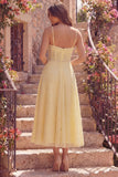 Corset jaune ligne A, robe de bal midi à bretelles fines avec perles